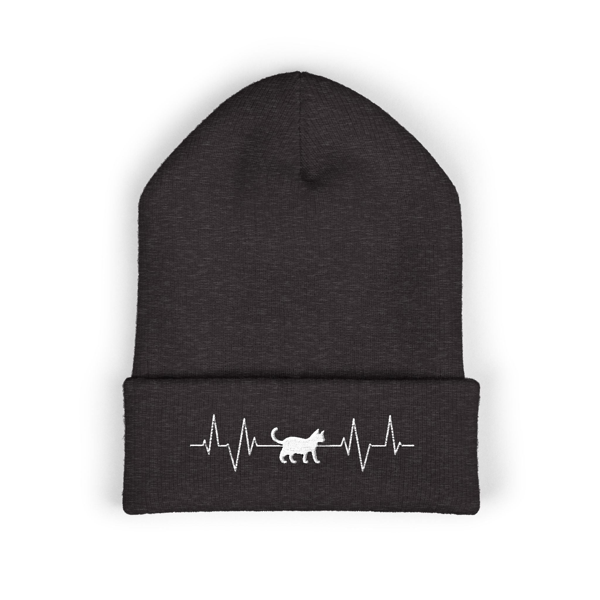 White Cat Heartbeat Embroidered Cuffed Beanie