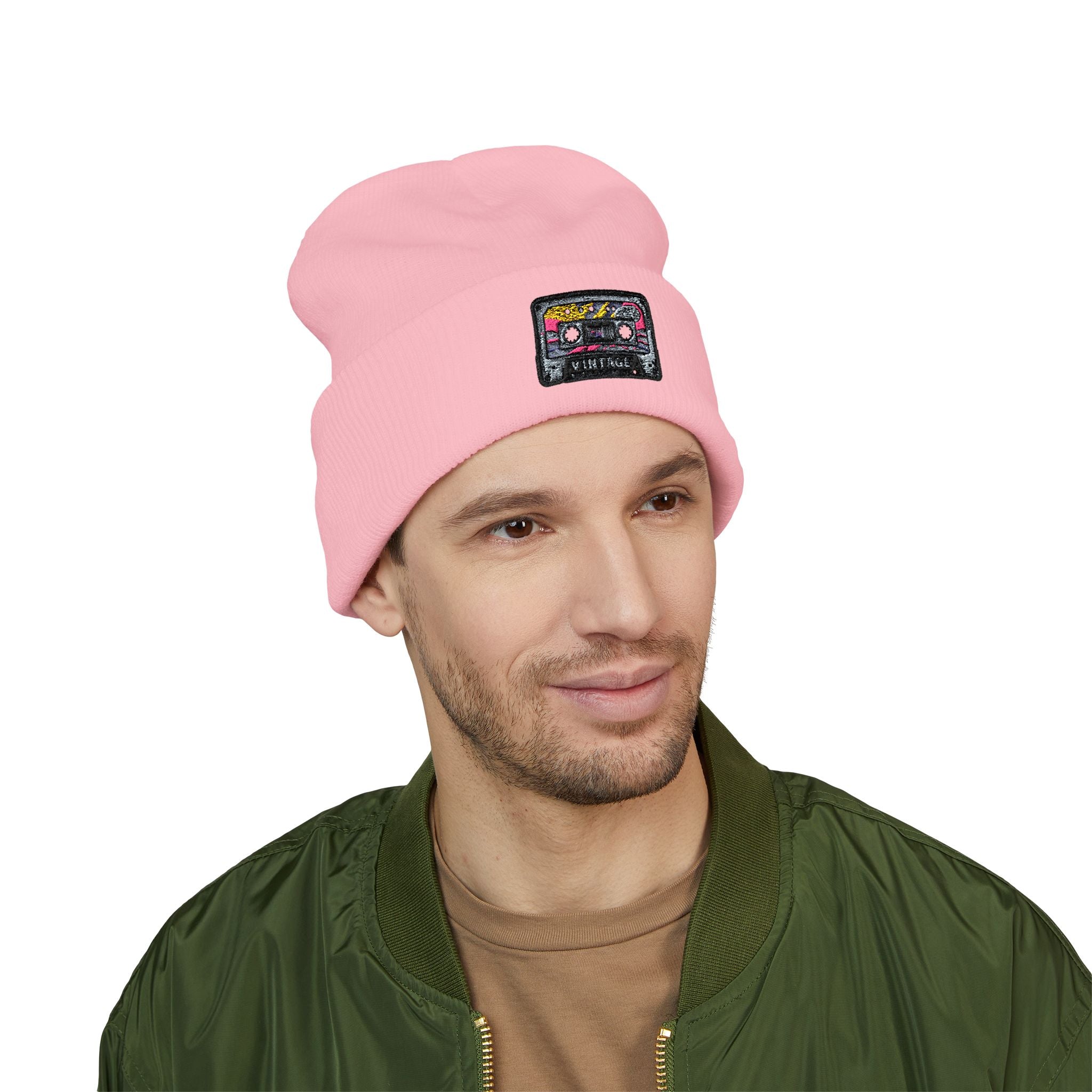 Cuffed Beanie with Retro Cassette Embroidery