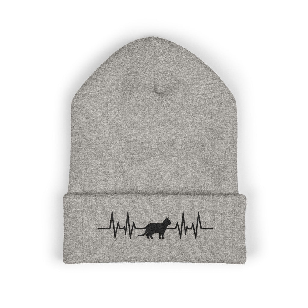 Black Cat Heartbeat Embroidered Cuffed Beanie
