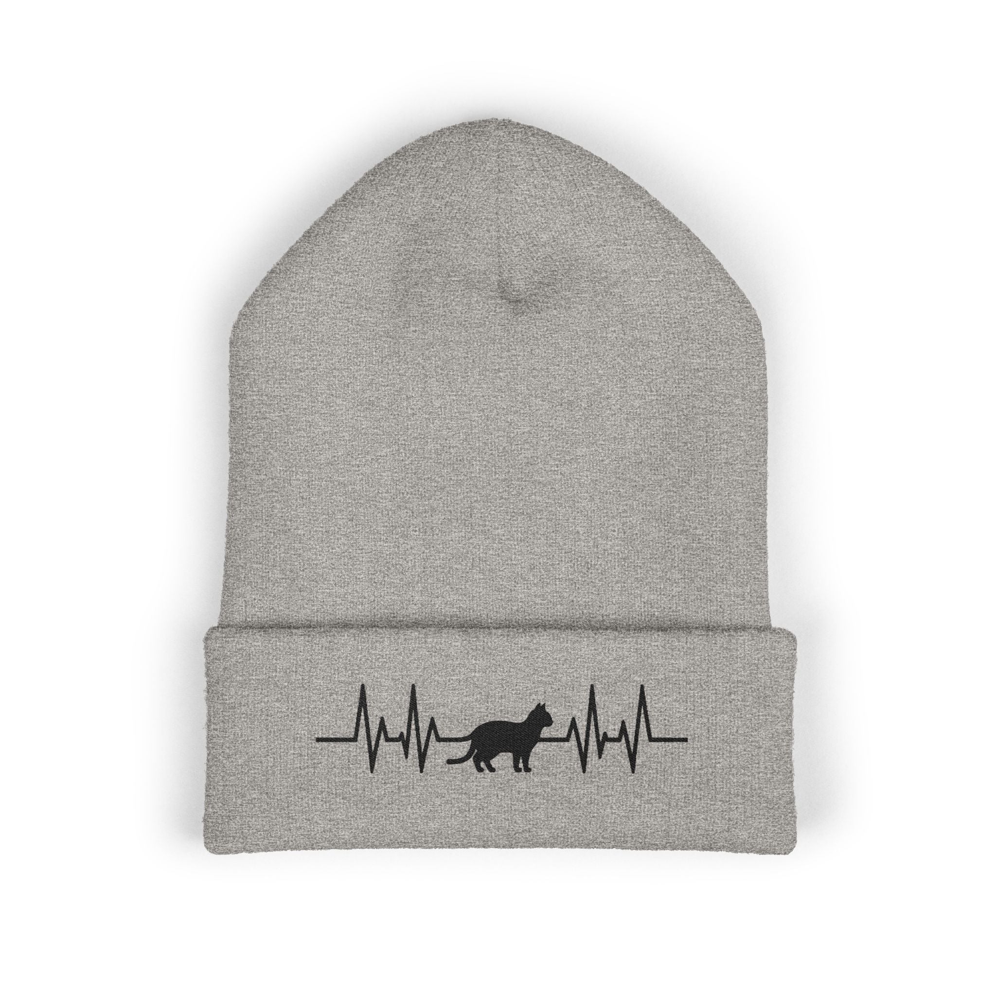 Black Cat Heartbeat Embroidered Cuffed Beanie