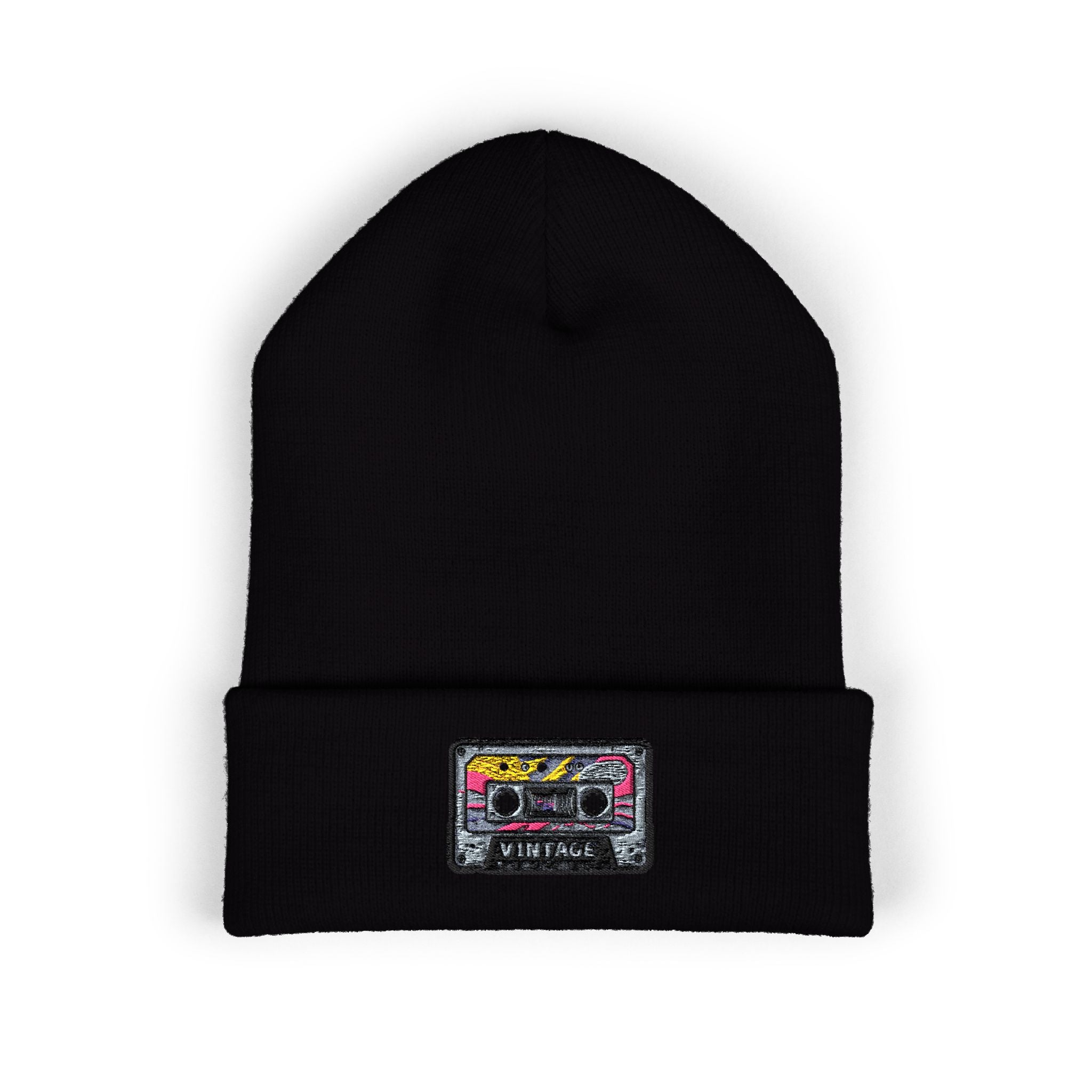 Cuffed Beanie with Retro Cassette Embroidery