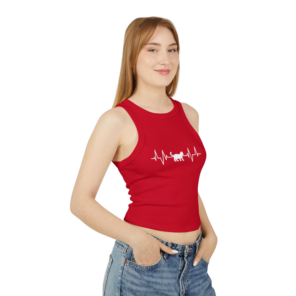 White Cat Heartbeat Cropped Racer Tank