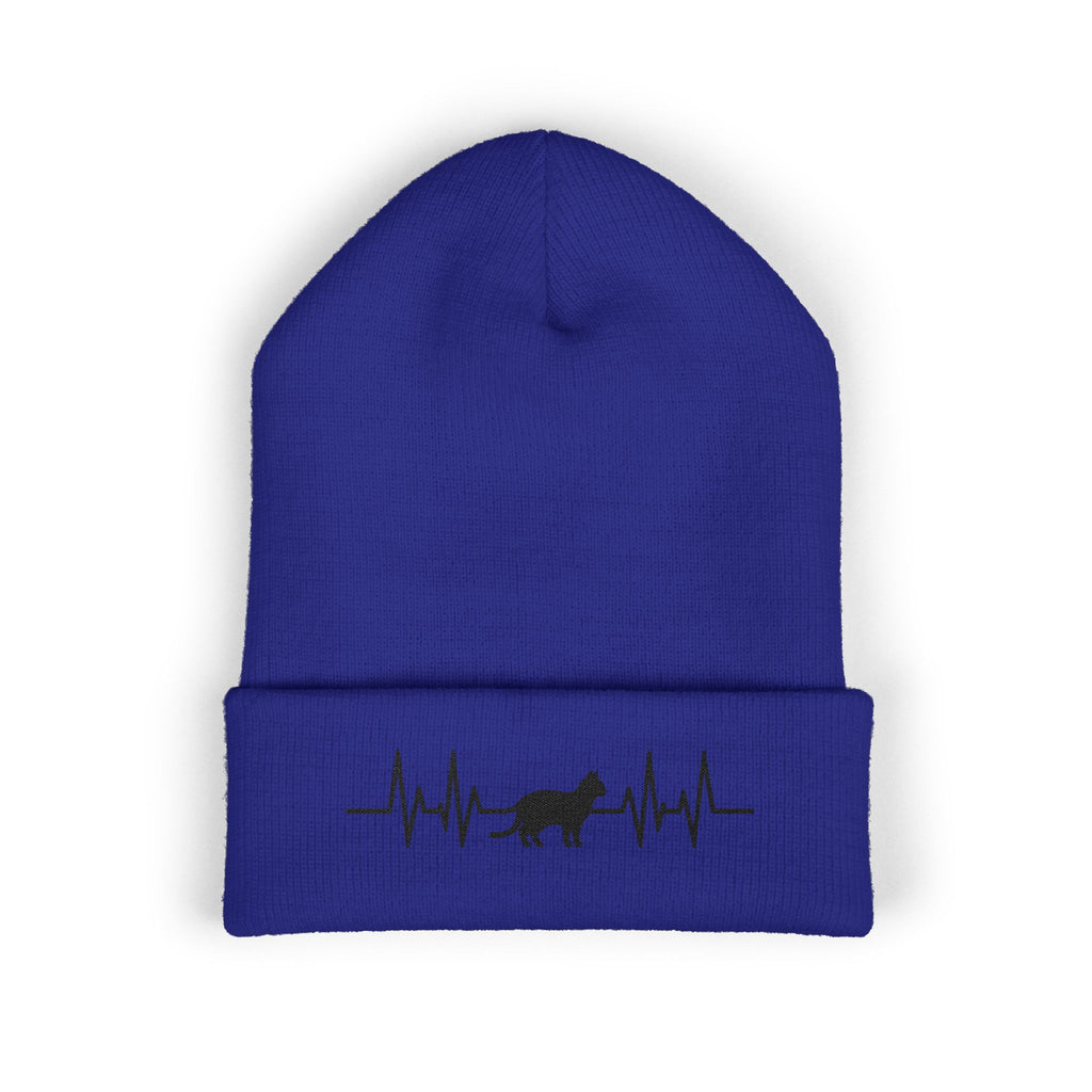 Black Cat Heartbeat Embroidered Cuffed Beanie