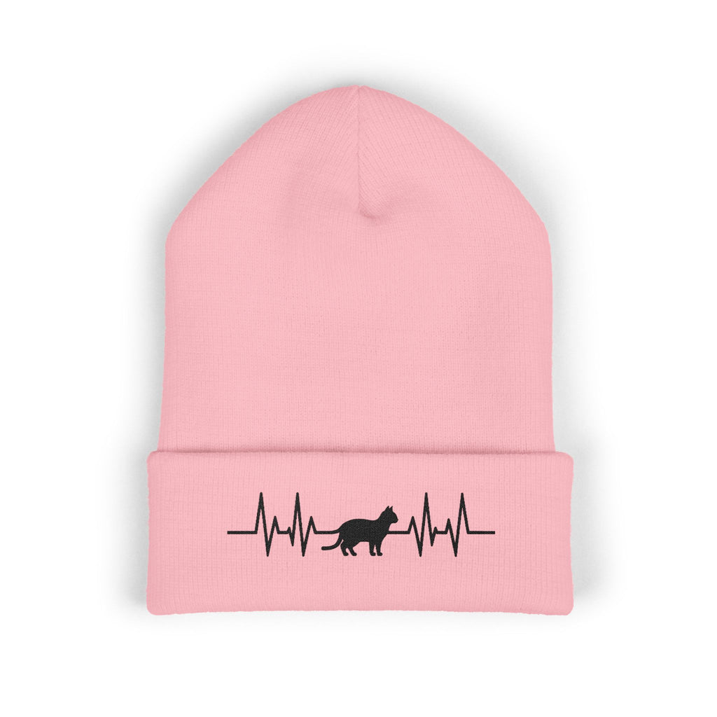 Black Cat Heartbeat Embroidered Cuffed Beanie