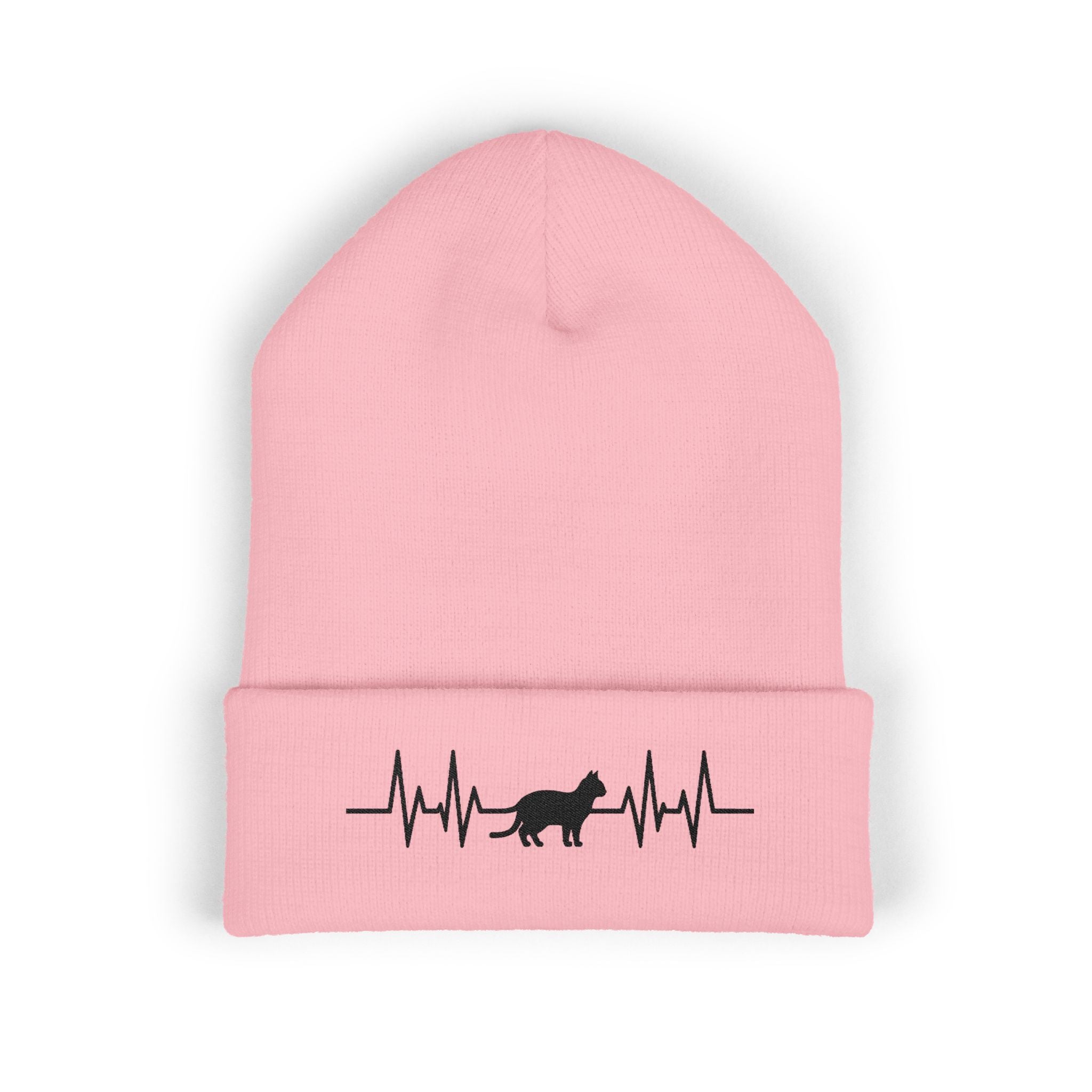 Black Cat Heartbeat Embroidered Cuffed Beanie