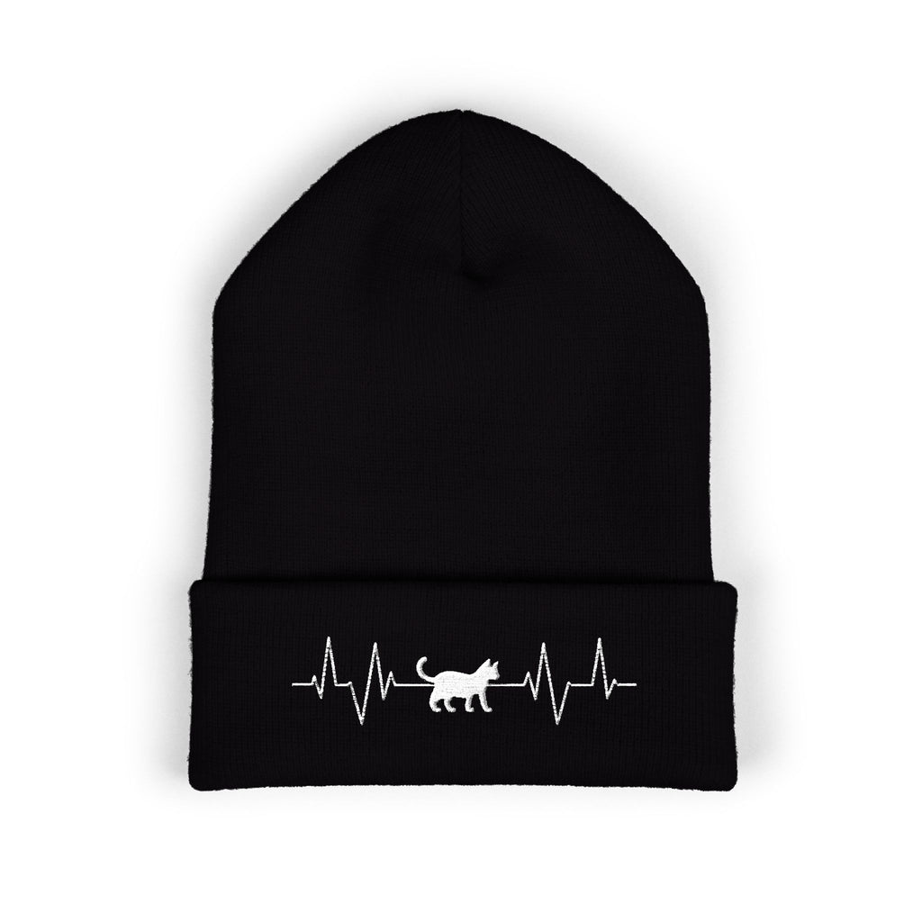 White Cat Heartbeat Embroidered Cuffed Beanie
