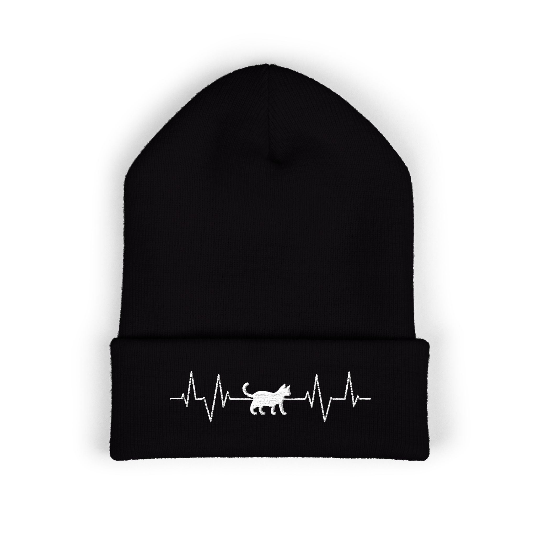 White Cat Heartbeat Embroidered Cuffed Beanie