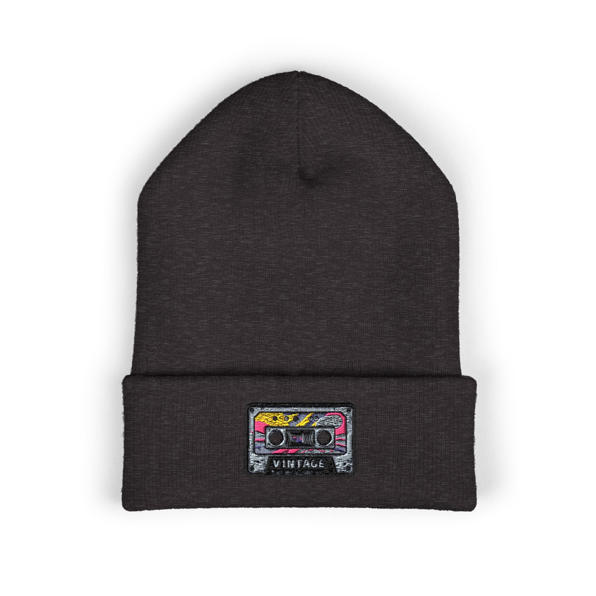 Cuffed Beanie with Retro Cassette Embroidery