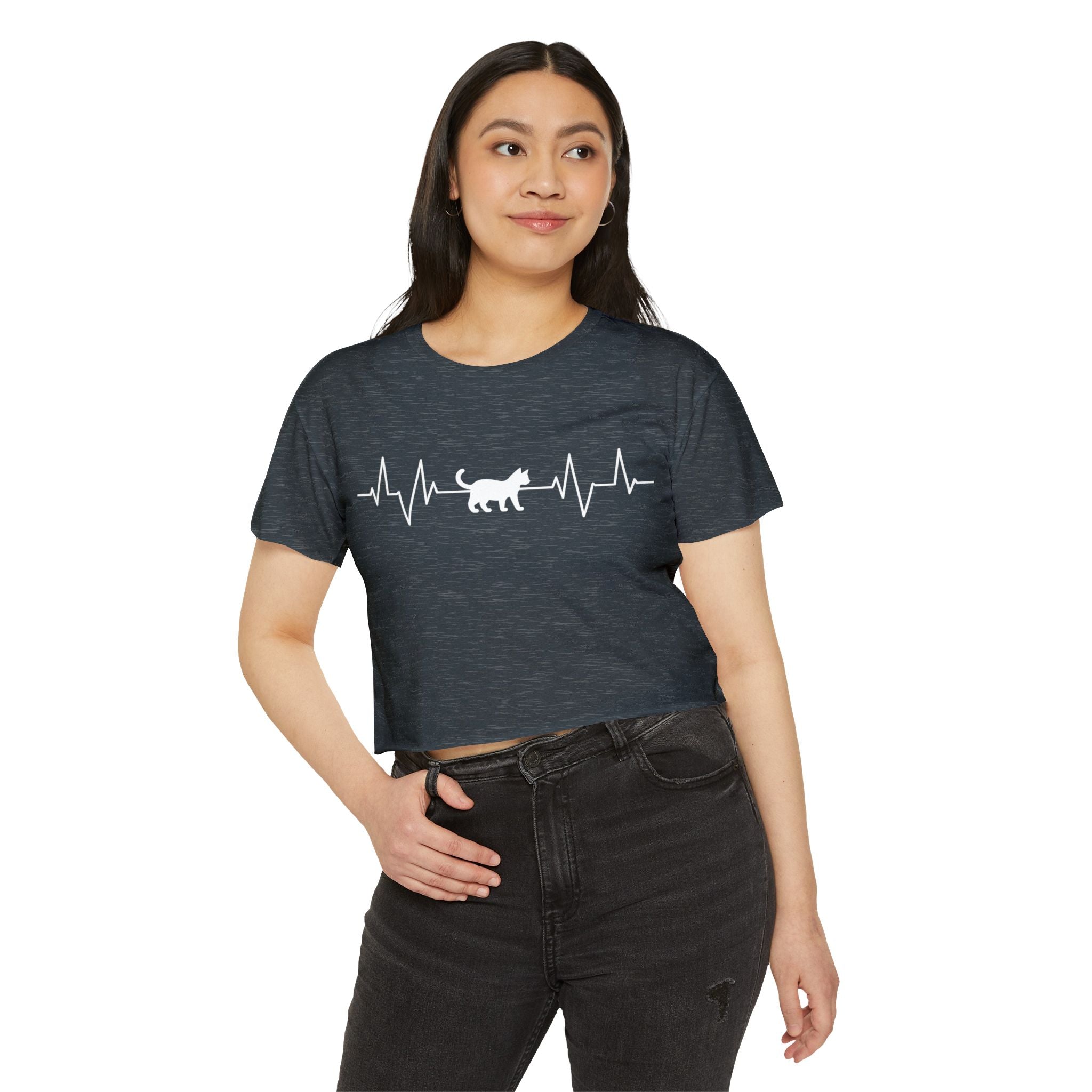 White Cat Heartbeat Cropped Tee