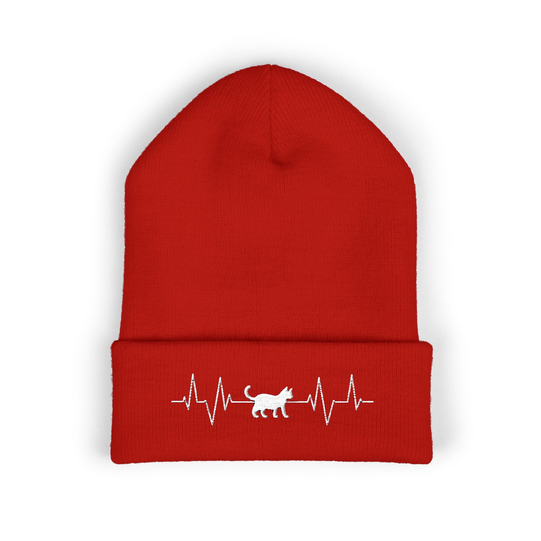 White Cat Heartbeat Embroidered Cuffed Beanie