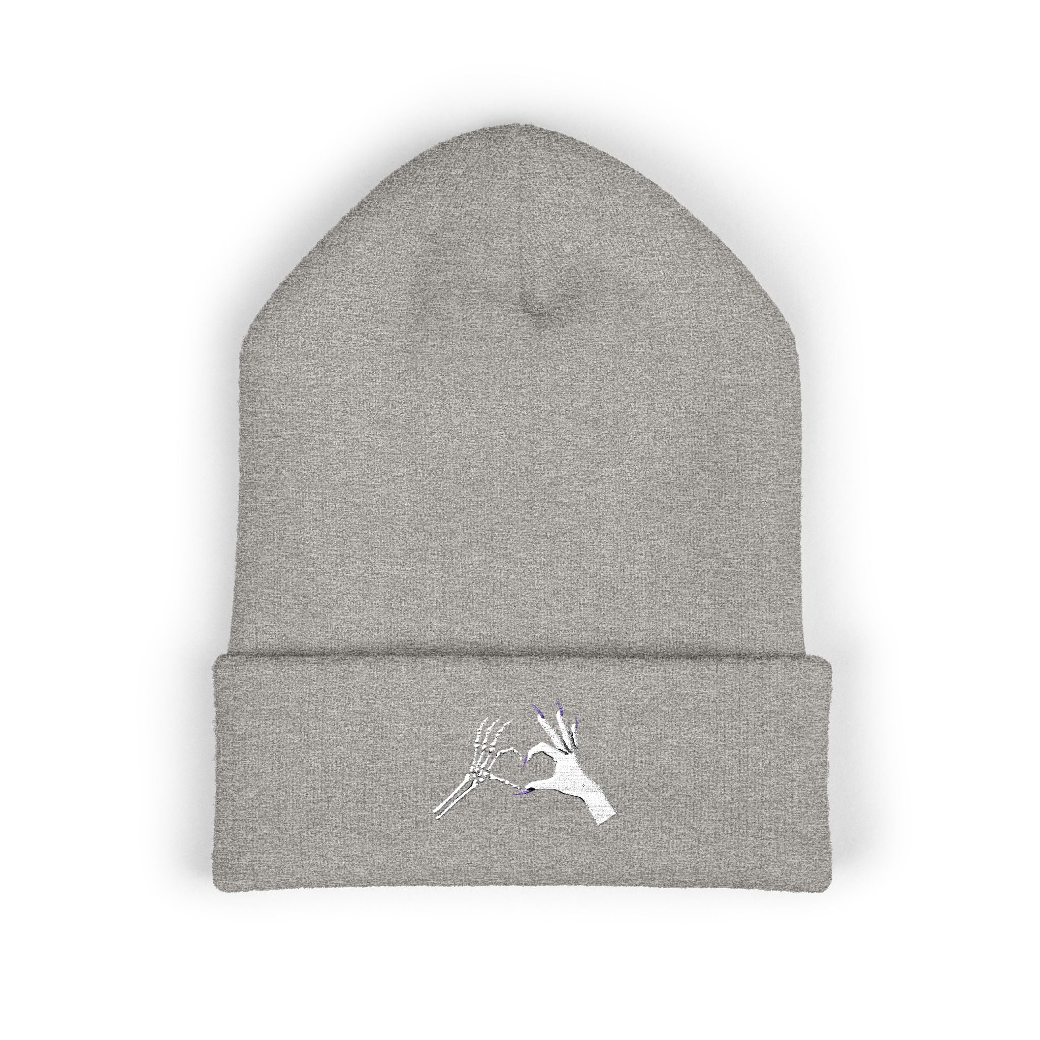 Skeleton Hand Heart Embroidered Cuffed Beanie