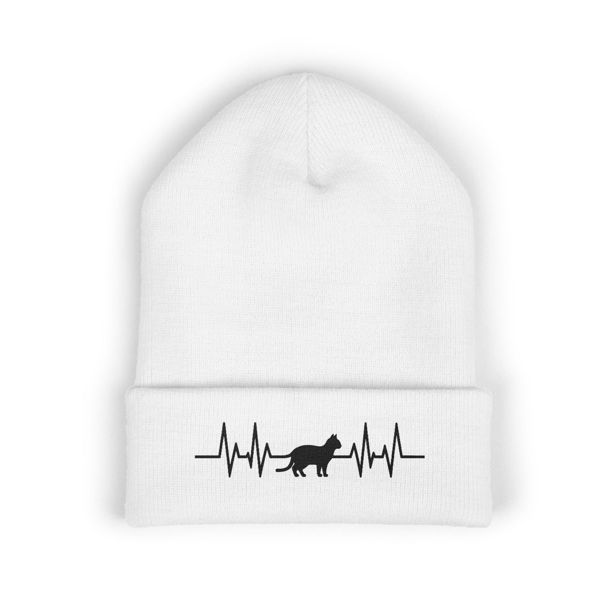 Black Cat Heartbeat Embroidered Cuffed Beanie