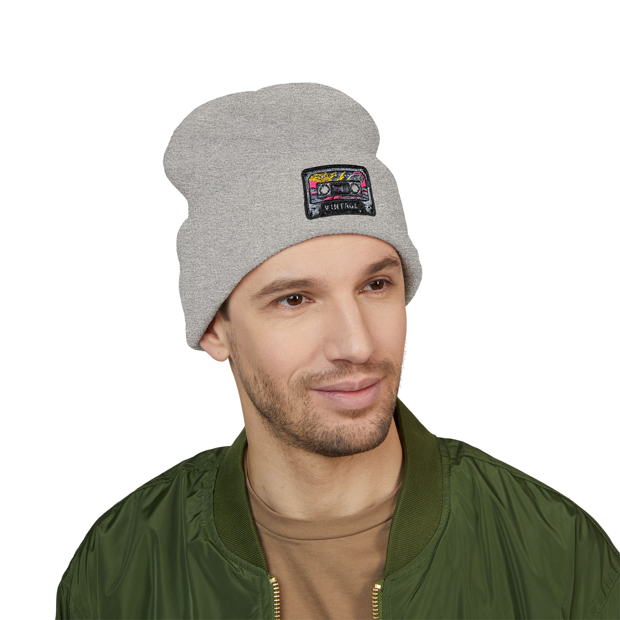 Cuffed Beanie with Retro Cassette Embroidery
