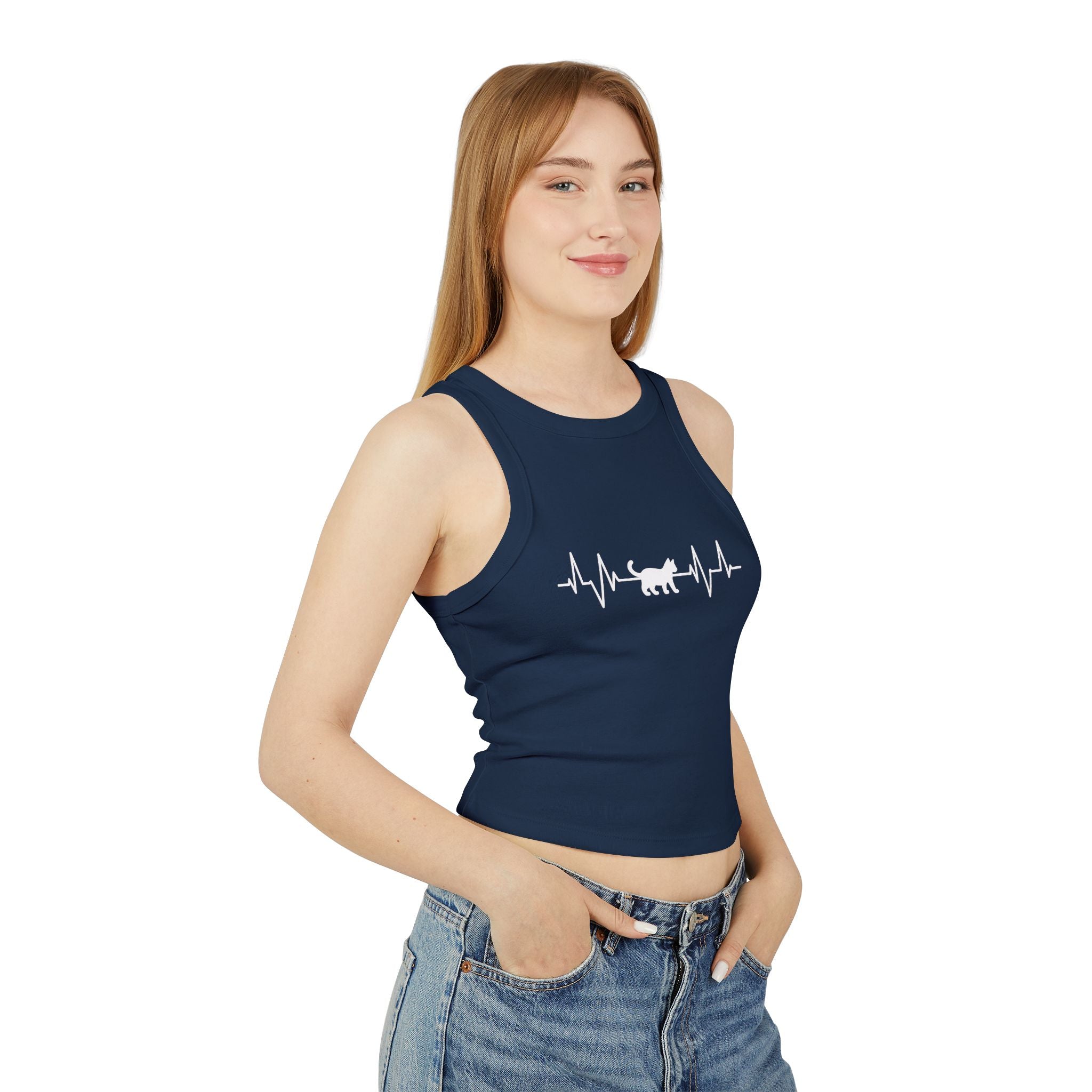 White Cat Heartbeat Cropped Racer Tank