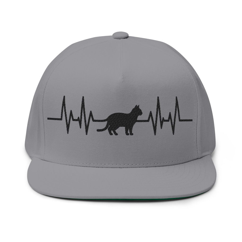 Black Cat Heartbeat Embroidered Flat Bill Cap