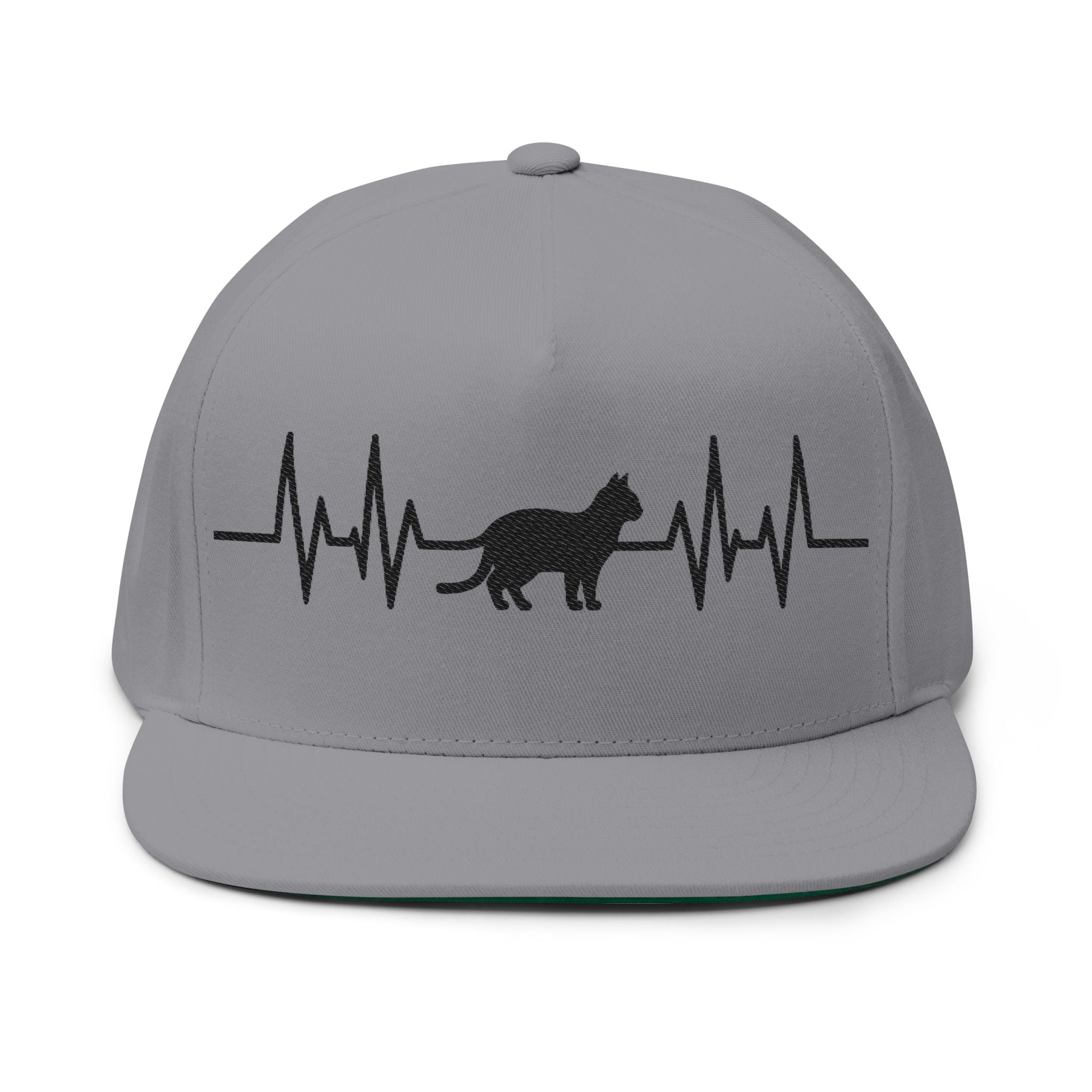 Black Cat Heartbeat Embroidered Flat Bill Cap