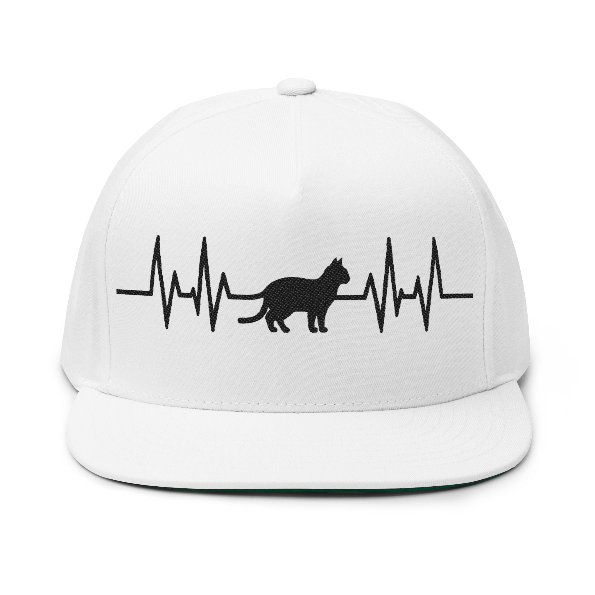Black Cat Heartbeat Embroidered Flat Bill Cap