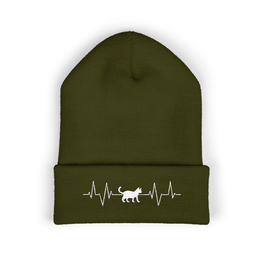 White Cat Heartbeat Embroidered Cuffed Beanie