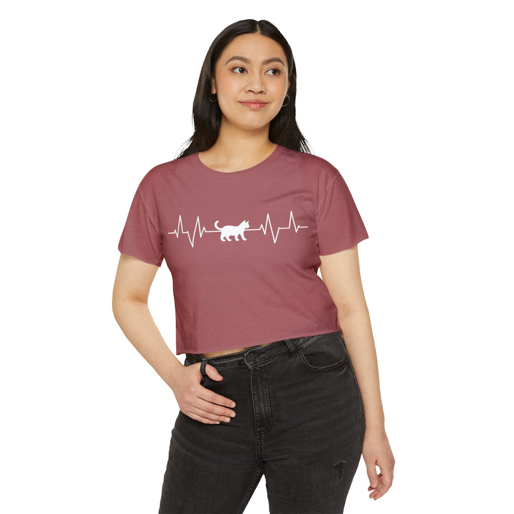 White Cat Heartbeat Cropped Tee