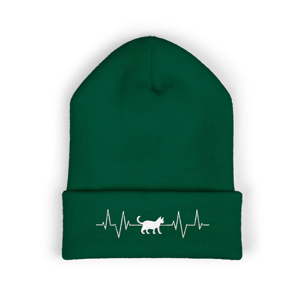 White Cat Heartbeat Embroidered Cuffed Beanie