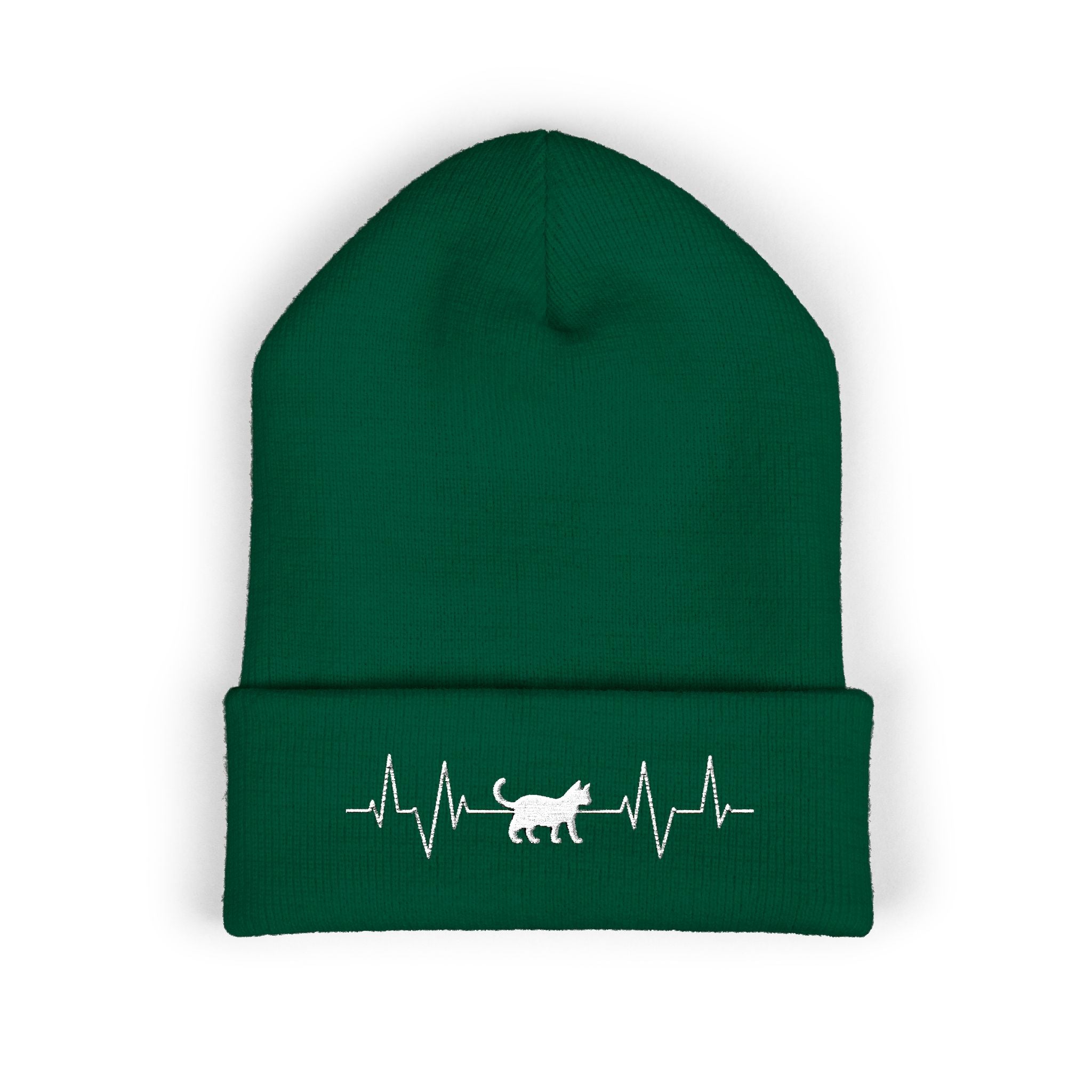 White Cat Heartbeat Embroidered Cuffed Beanie