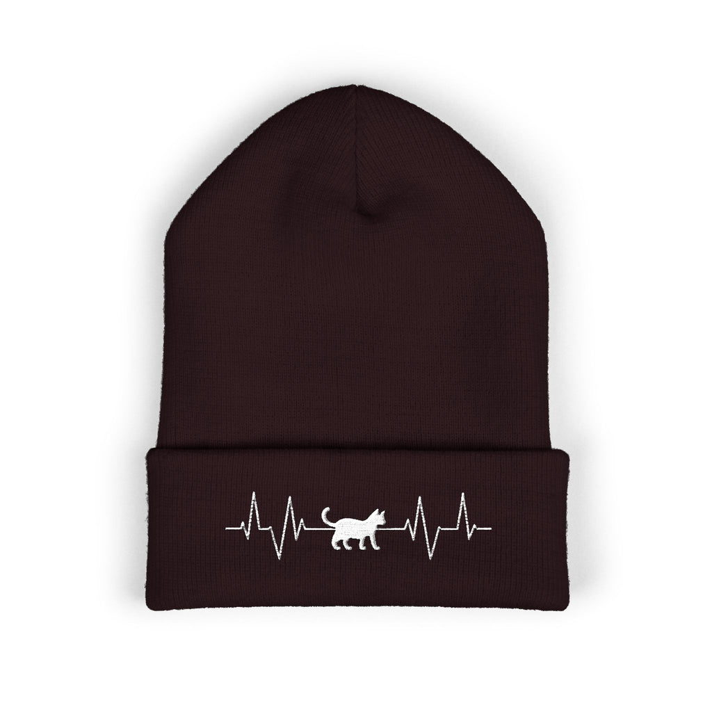 White Cat Heartbeat Embroidered Cuffed Beanie