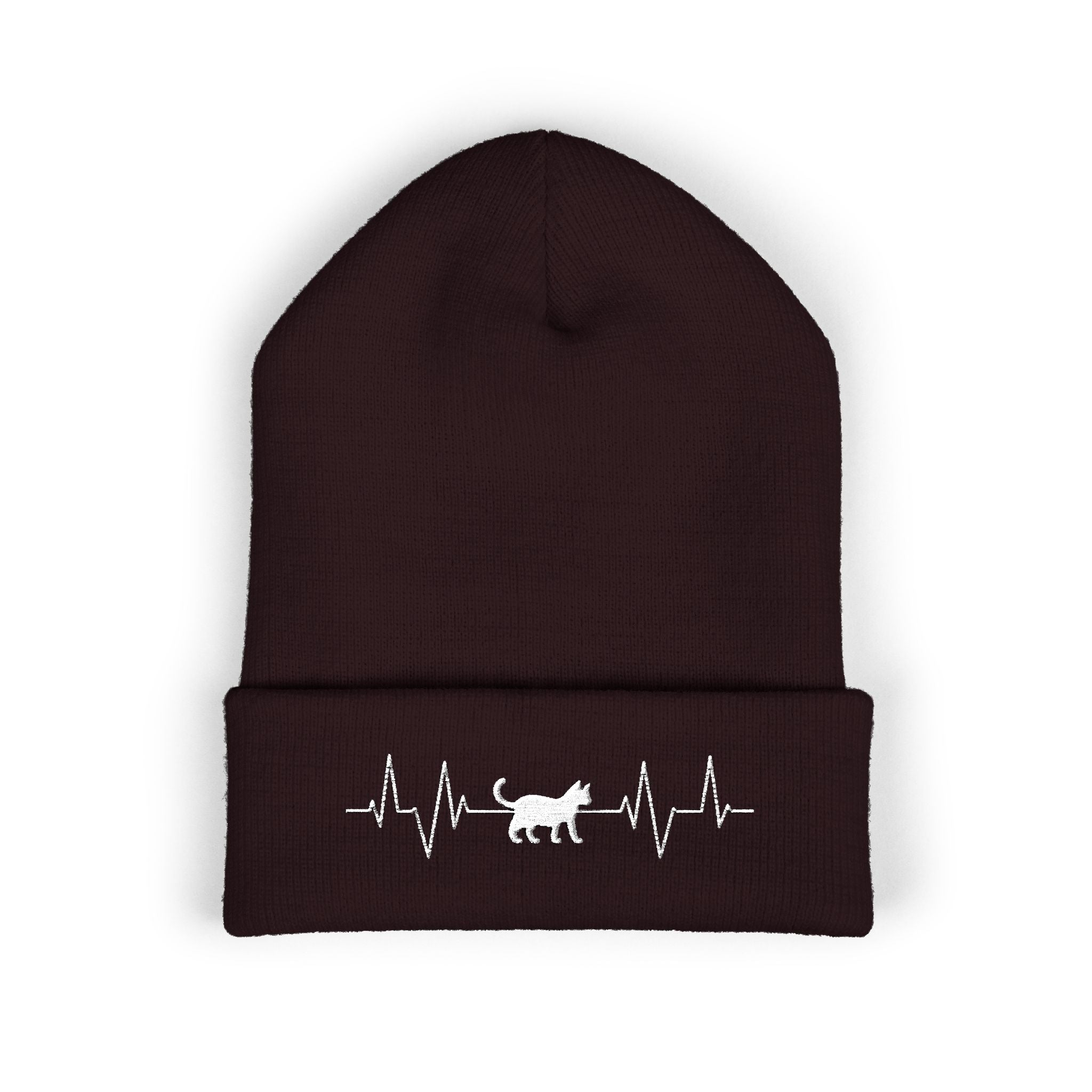 White Cat Heartbeat Embroidered Cuffed Beanie