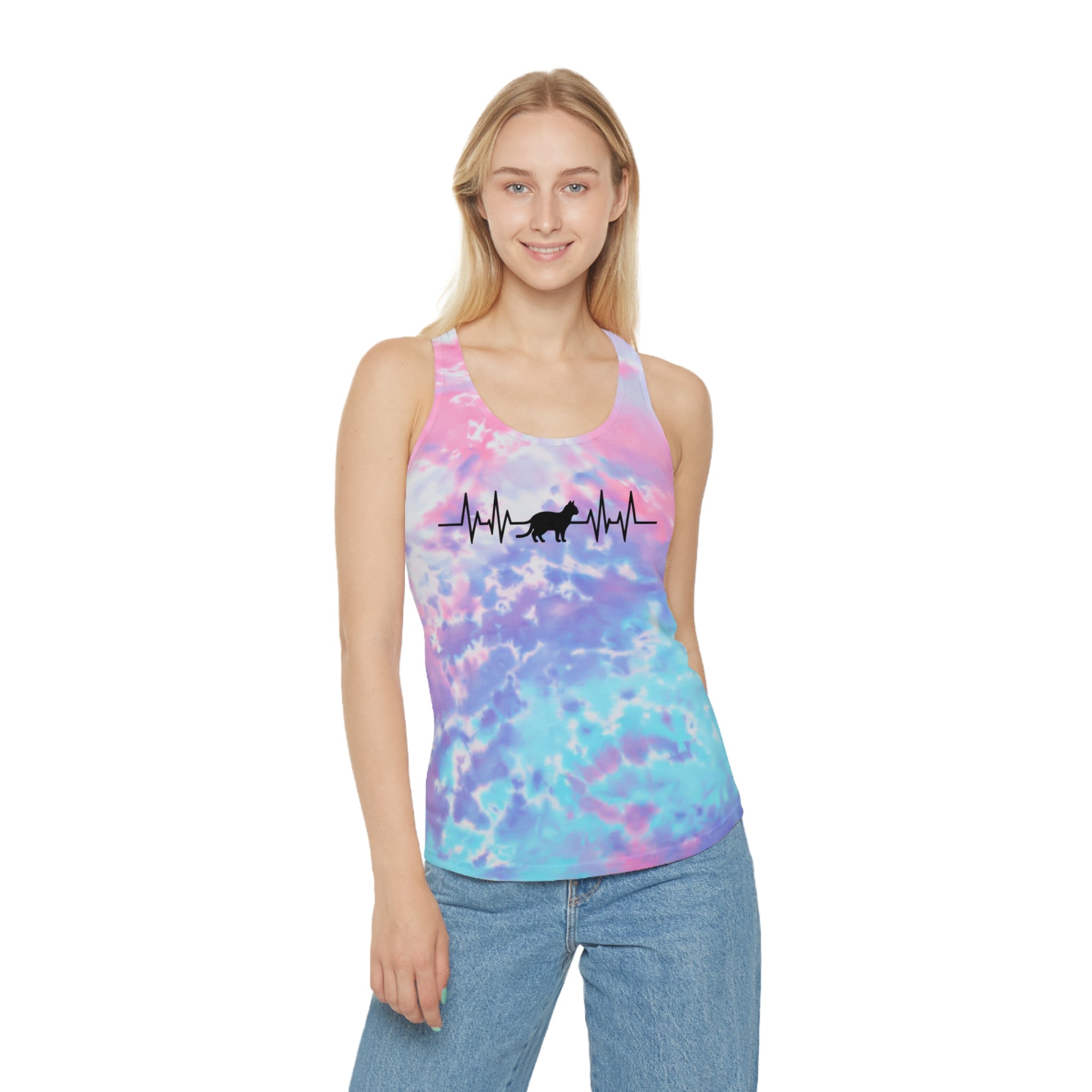 Black Cat Heartbeat Tie-Dye Racerback Tank