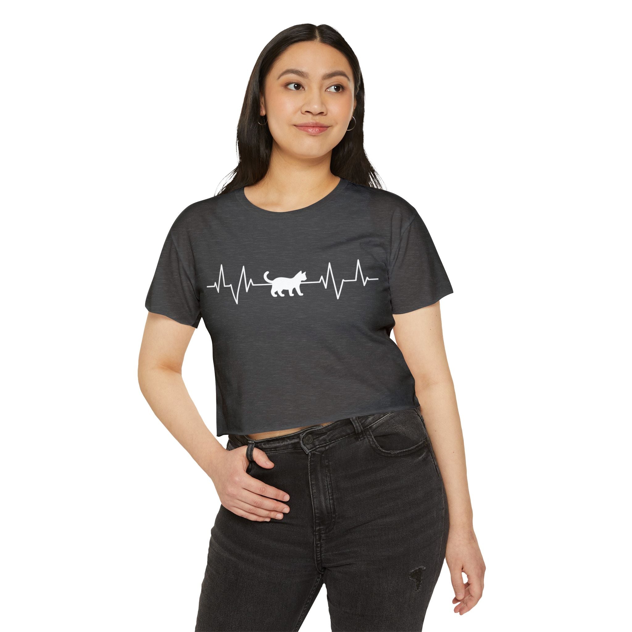 White Cat Heartbeat Cropped Tee