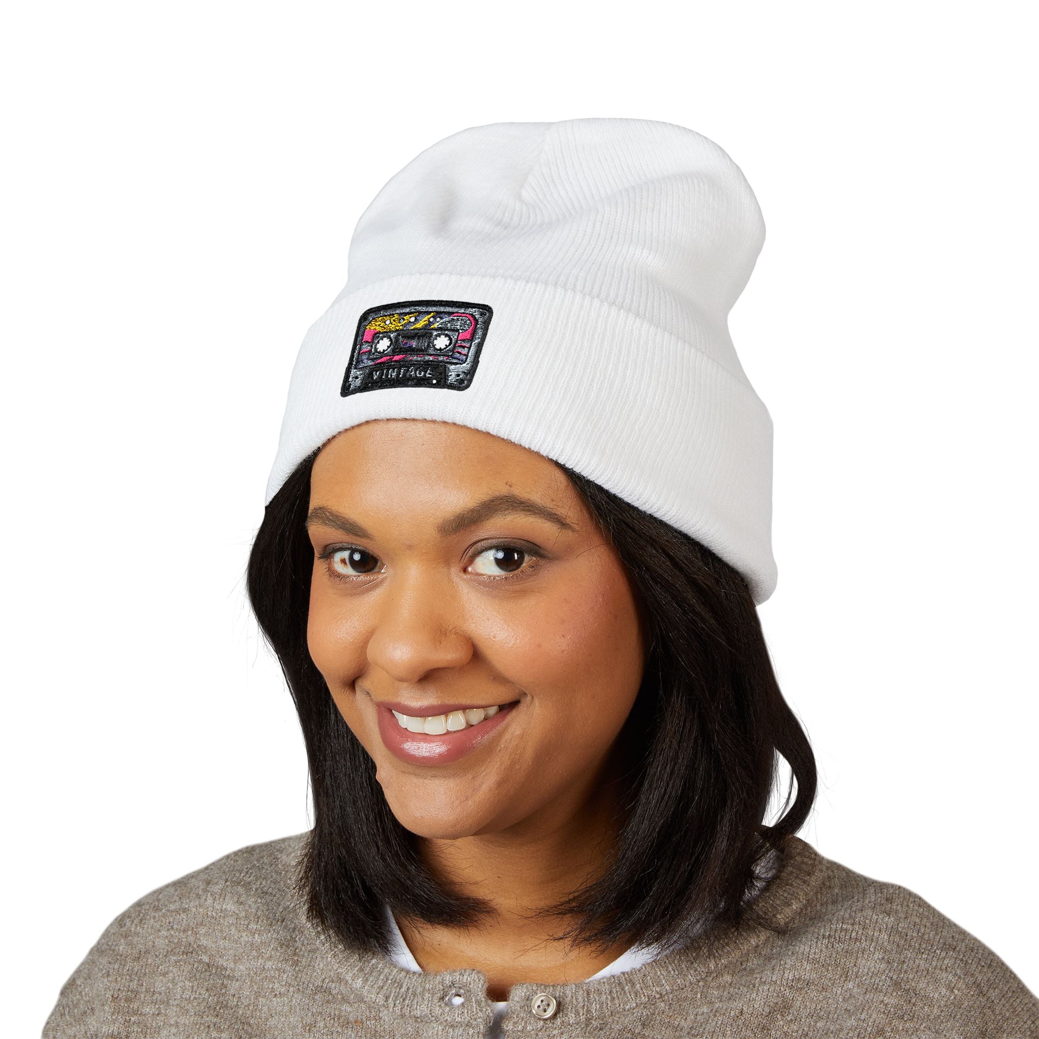 Cuffed Beanie with Retro Cassette Embroidery