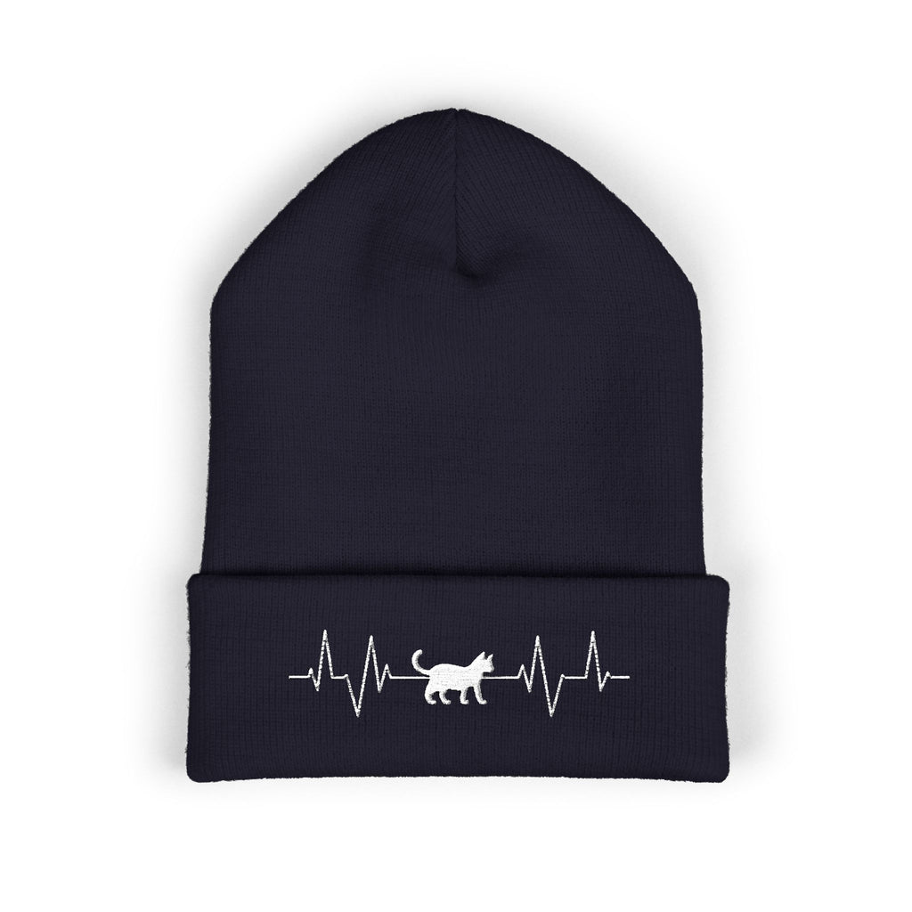 White Cat Heartbeat Embroidered Cuffed Beanie