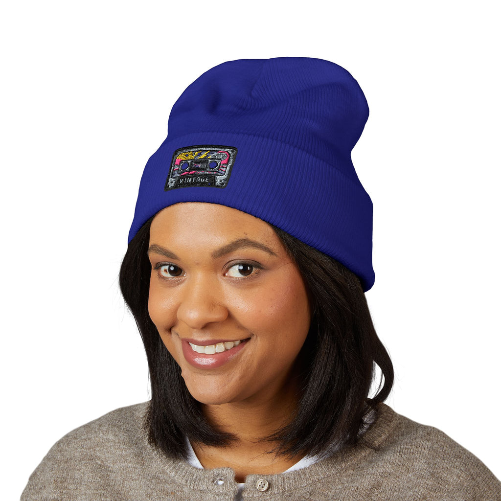 Cuffed Beanie with Retro Cassette Embroidery