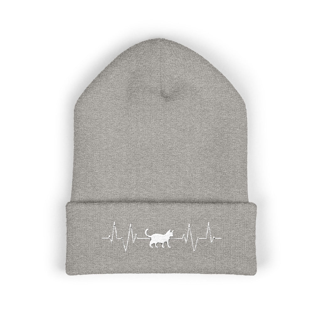 White Cat Heartbeat Embroidered Cuffed Beanie