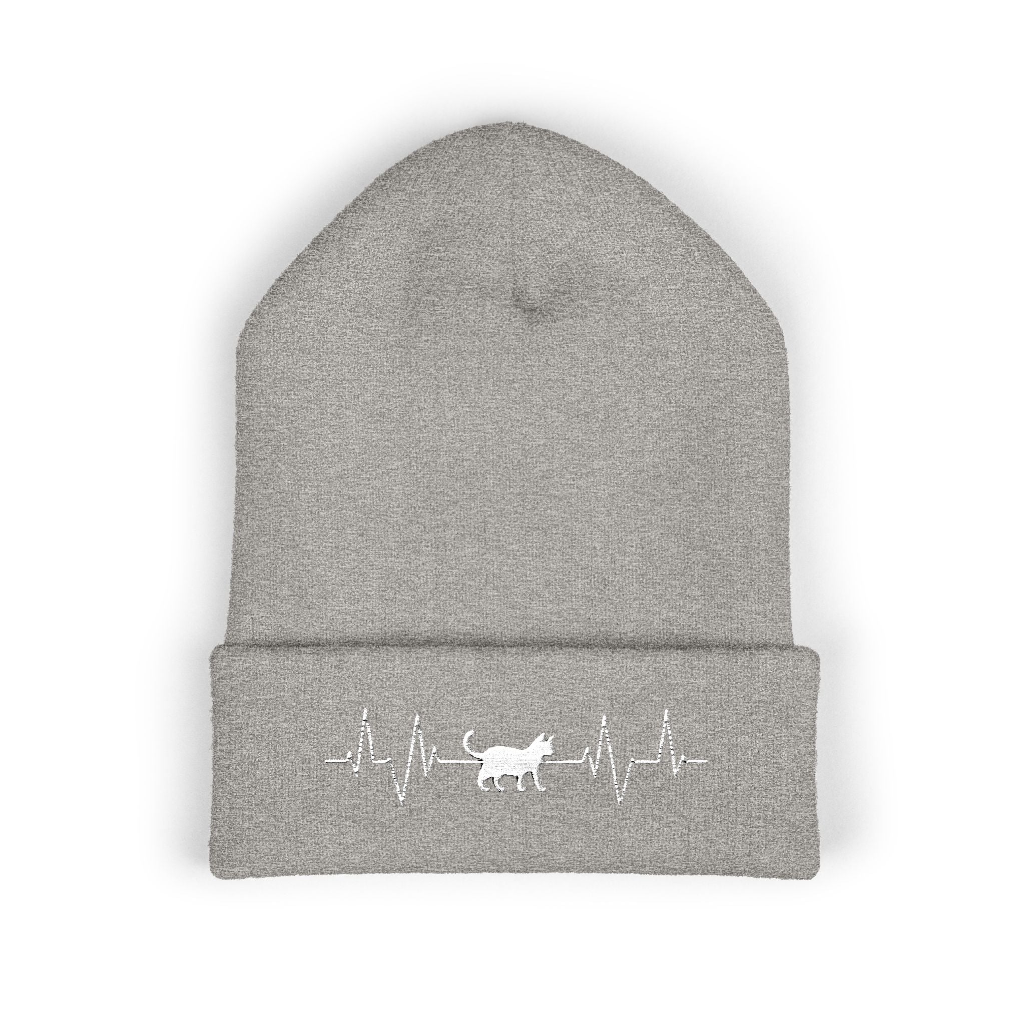 White Cat Heartbeat Embroidered Cuffed Beanie